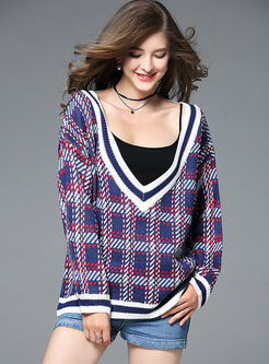 Casual Color-blocked V-neck Loose Sweater