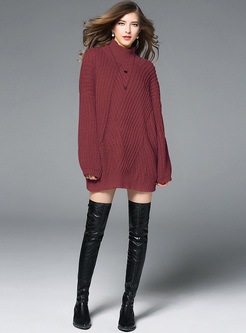 Red Long Loose High Neck Sweater