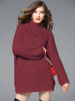 Red Long Loose High Neck Sweater