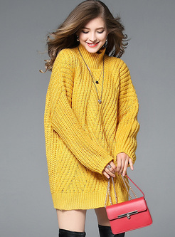 Yellow Long Loose High Neck Sweater