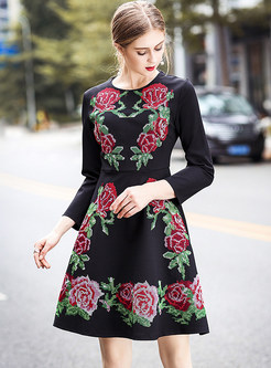 Black Flower Embroidery Big Hem Skater Dress