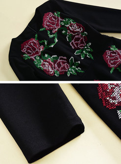 Black Flower Embroidery Big Hem Skater Dress