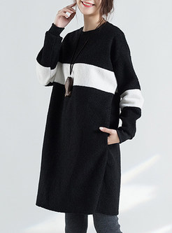 Hit Color Striped Lantern Sleeve Knitted Dress