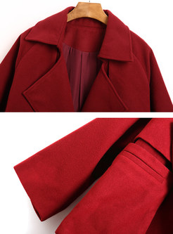 Red Big Pockets Notched Neck Woolen Coat