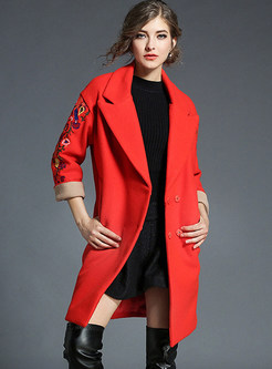 Red Embroidery Loose Straight Woolen Coat