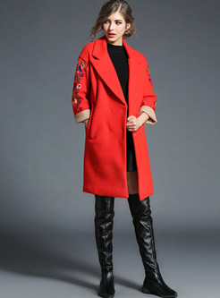 Red Embroidery Loose Straight Woolen Coat