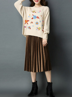 Loose Causal Embroidery Asymmetric Knitted Sweater