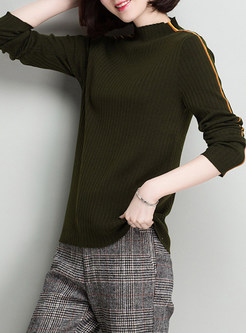 Stand Collar Striped Stitching Knitted Sweater