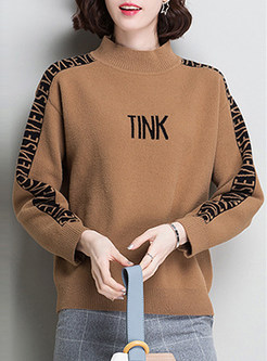 Hit Color Letter Design Stand Collar Sweater