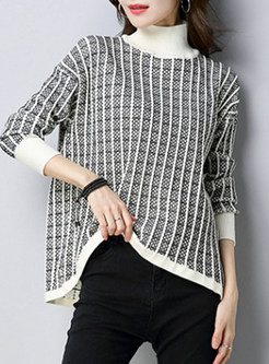 Fashion Color-blocked Asymmetric Knitted Sweater