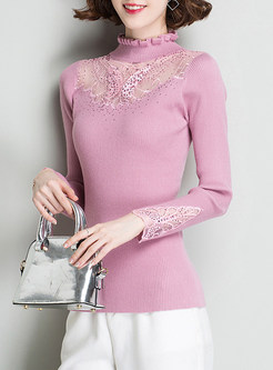 Lace Jacquard Hollow Out Splicing Knitted Sweater