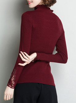 Lace Jacquard Hollow Out Splicing Knitted Sweater