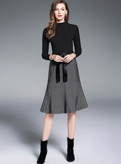 High Waist Warm Belted Thicken A-line Skirt