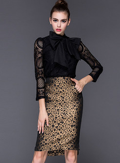 Lace Bowknot Tie Top & Leopard Print Bodycon Skirt