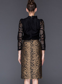 Lace Bowknot Tie Top & Leopard Print Bodycon Skirt