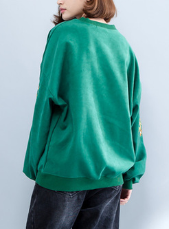 Green Bat Sleeve Print Thicken Sweatshirt