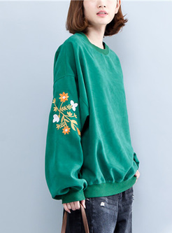 Green Bat Sleeve Print Thicken Sweatshirt