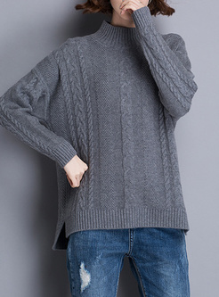 Grey Loose Asymmetric Hem Split Sweater