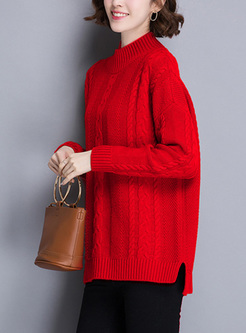 Red Loose Asymmetric Hem Split Sweater