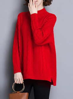Red Loose Asymmetric Hem Split Sweater