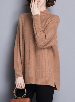 Camel Loose Asymmetric Hem Split Sweater