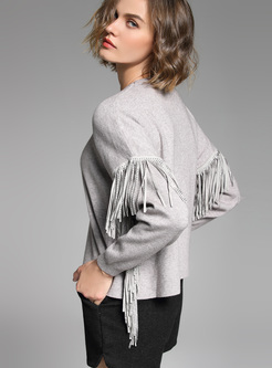 Grey Brief Loose Tassel Knitted Sweater