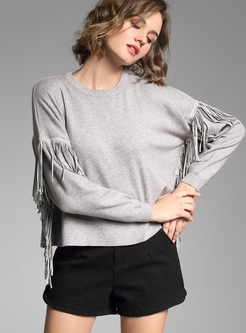 Grey Brief Loose Tassel Knitted Sweater