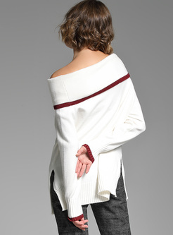 White Elegant Slash Neck Split Sweater