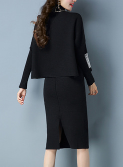Black Street Patched Slim Knitted Two-piece Outfits