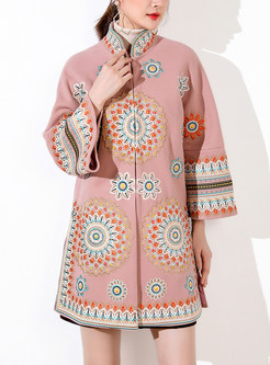 Ethnic Embroidery Stand Collar Woolen Coat