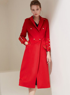 Red Slim Turn Down Collar Woolen Coat