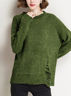 Brief Hole O-neck Knitted Sweater