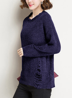 Brief Hole O-neck Knitted Sweater