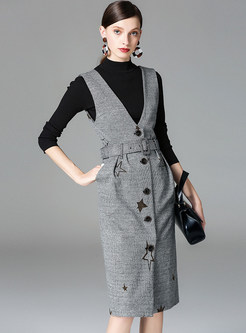 Black Knitted Sweater & Belted Star Design Overalls