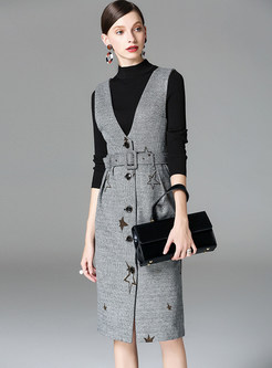 Black Knitted Sweater & Belted Star Design Overalls