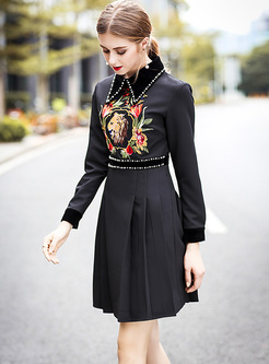 Chic Beaded Embroidery Lapel Skater Dress