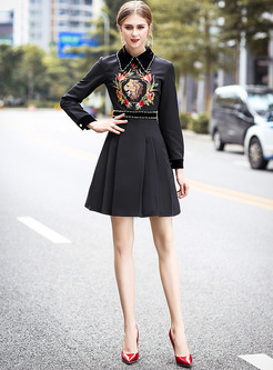 Chic Beaded Embroidery Lapel Skater Dress