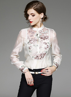 Elegant Embroidery Patched Slim Blouse