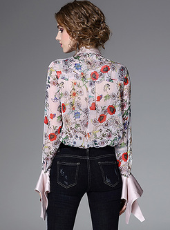 Chic Floral Print Lapel Flare Sleeve Blouse