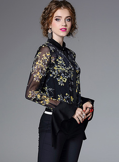 Chic Floral Print Lapel Flare Sleeve Blouse