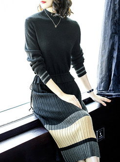 Striped Hit Color Lacing Wool Knitted Dress