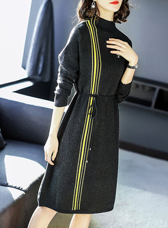 Striped Gathered Waist Lacing Knitted Dress