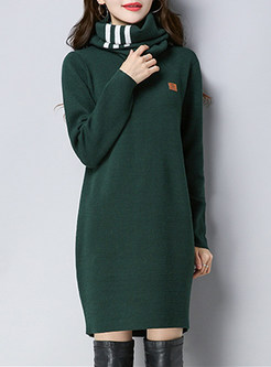 Brief O-neck Long Sleeve Knitted Dress With Neckerchief