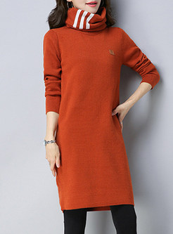 Brief O-neck Long Sleeve Knitted Dress With Neckerchief