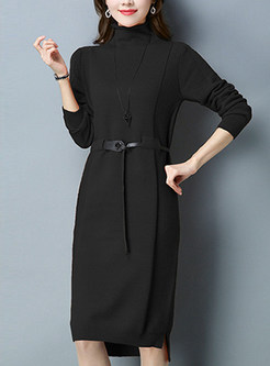 Stylish Belted Asymmetric Slit Knitted Dress