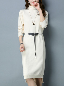 Stylish Belted Asymmetric Slit Knitted Dress