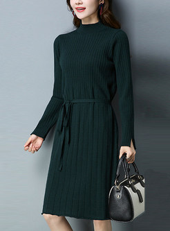 Elegant Stand Collar Gathered Waist Knitted Dress