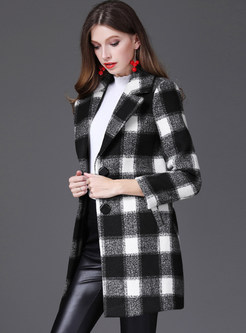 Black Plaid Turn Down Collar Woolen Coat