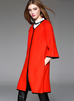 Contrast Color Three Quarters Sleeve Knitted Coat