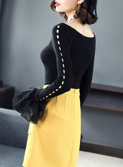 Hollow Out Petal Sleeve Slim Sweater